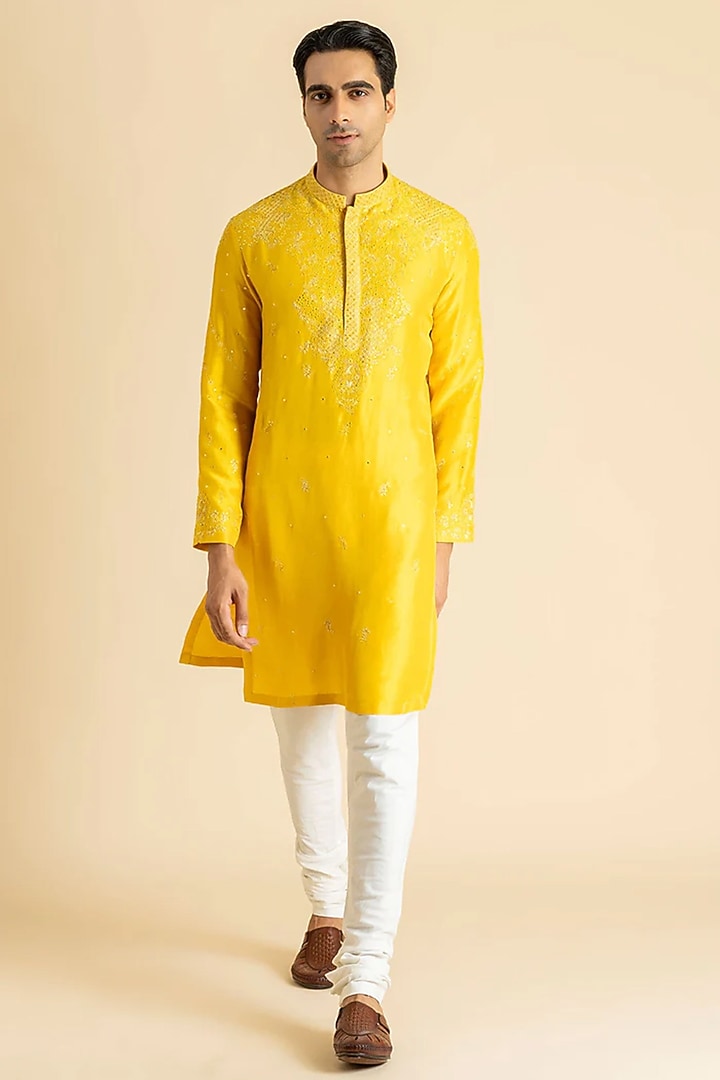 Yellow Raw Silk Kurta Set by Dolly J MAN at Pernia's Pop Up Shop