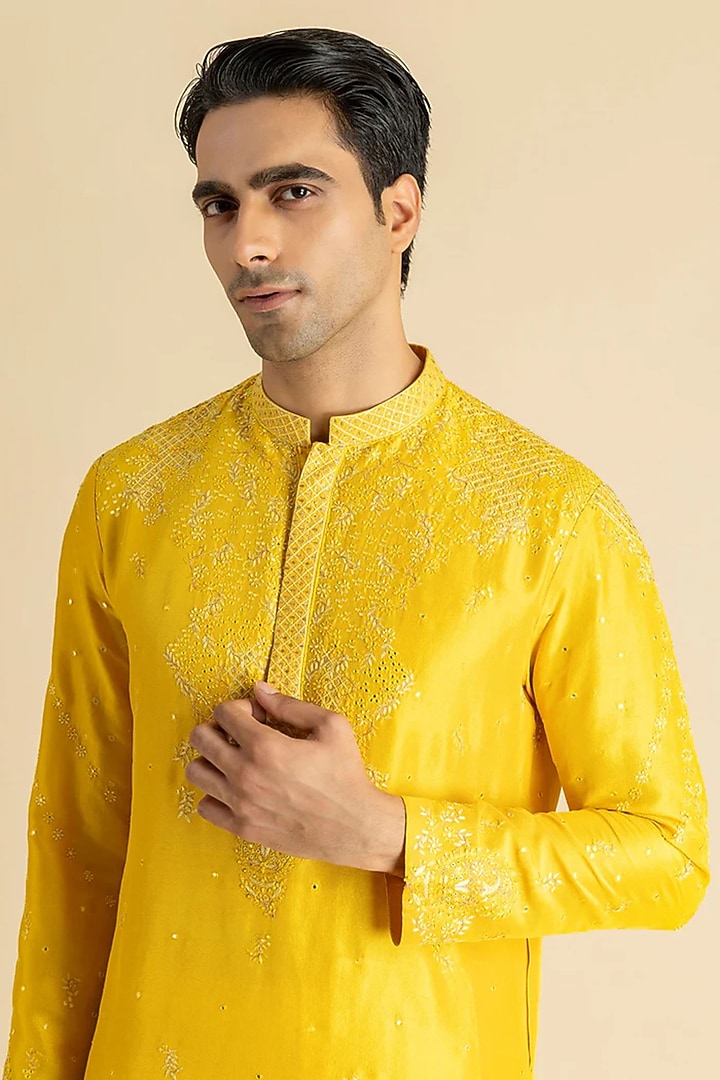 Yellow Raw Silk Kurta Set by Dolly J MAN at Pernia's Pop Up Shop