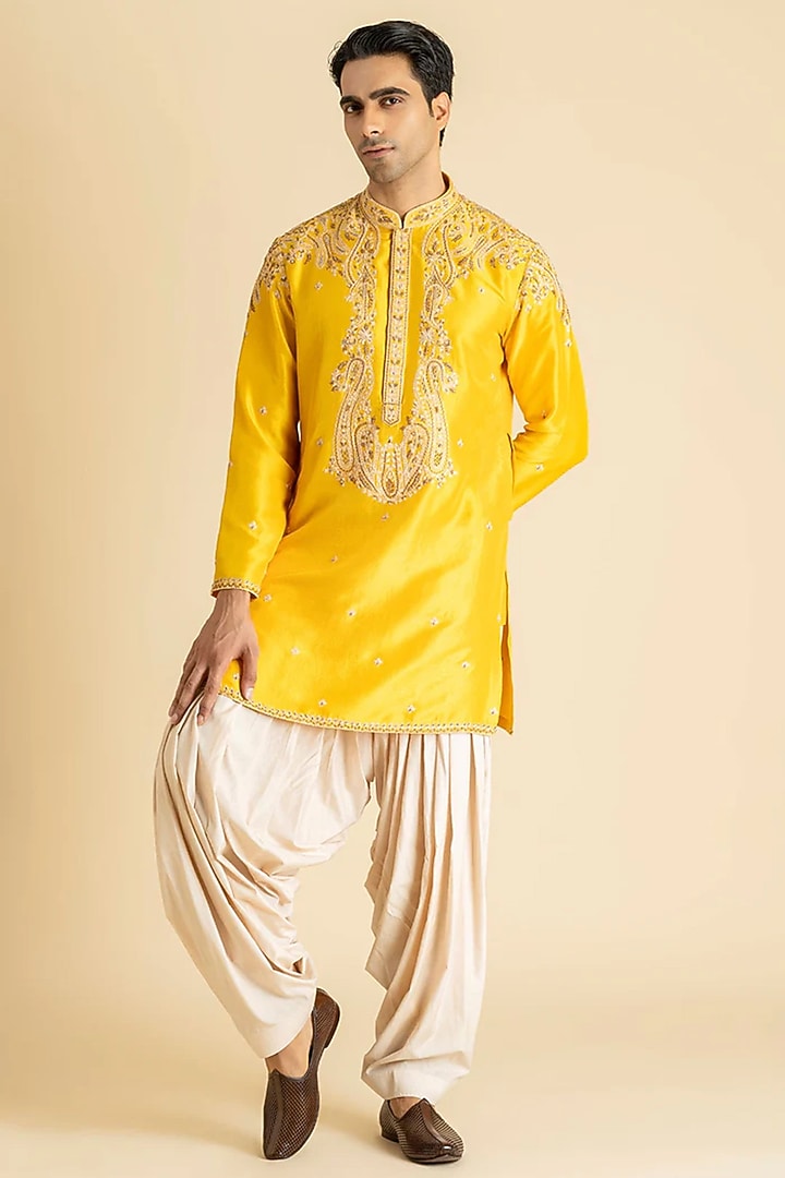 Yellow Raw Silk Kurta Set by Dolly J MAN at Pernia's Pop Up Shop