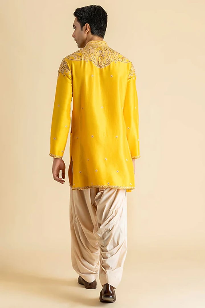 Yellow Raw Silk Kurta Set by Dolly J MAN at Pernia's Pop Up Shop