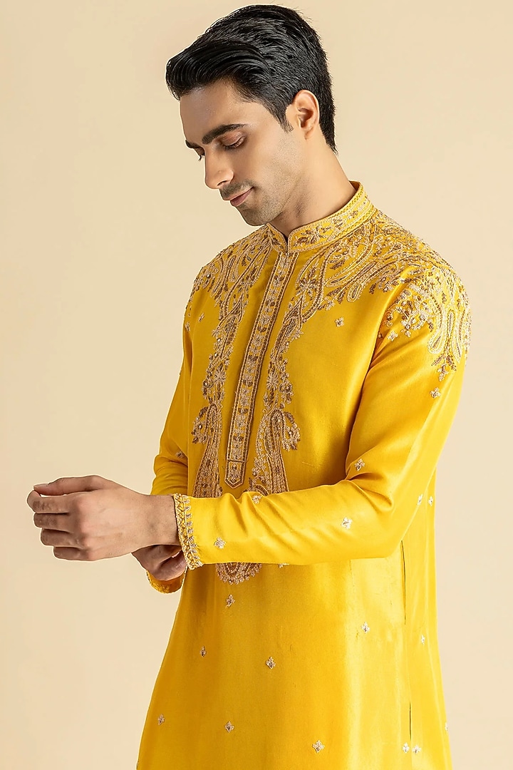 Yellow Raw Silk Kurta Set by Dolly J MAN at Pernia's Pop Up Shop
