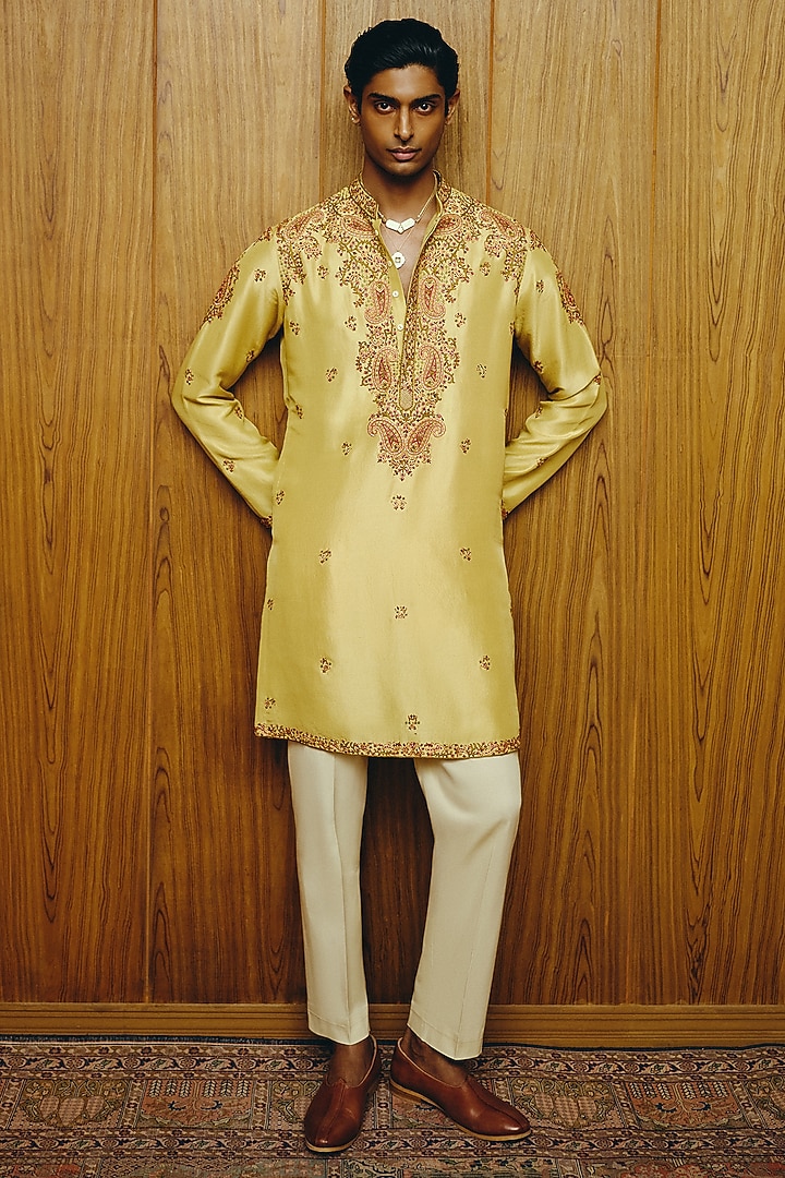 Yellow Silk Embroidered Kurta Set by Dolly J MAN at Pernia's Pop Up Shop