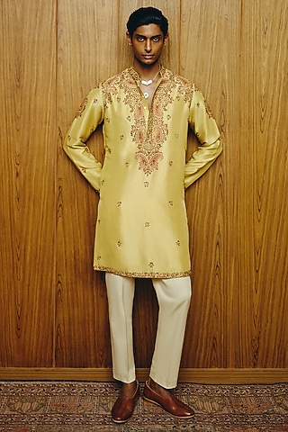 Yellow Silk Embroidered Kurta Set by Dolly J MAN