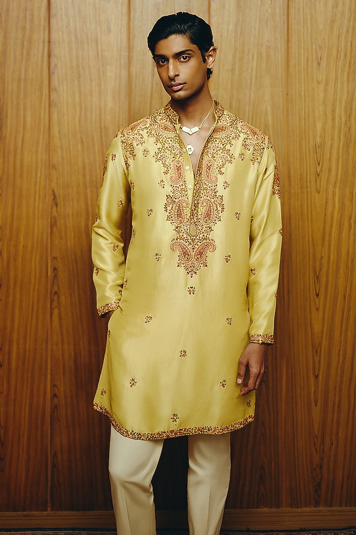 Yellow Silk Embroidered Kurta Set by Dolly J MAN at Pernia's Pop Up Shop