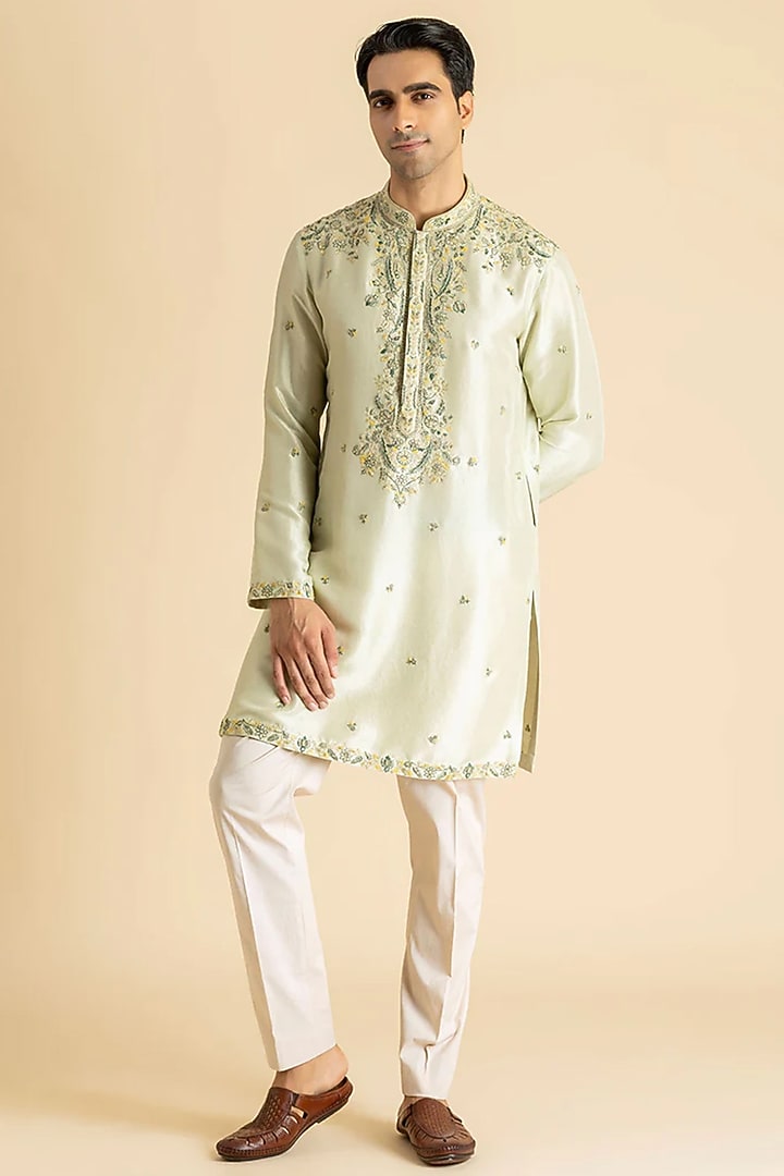 Light Green Raw Silk Kurta Set by Dolly J MAN at Pernia's Pop Up Shop