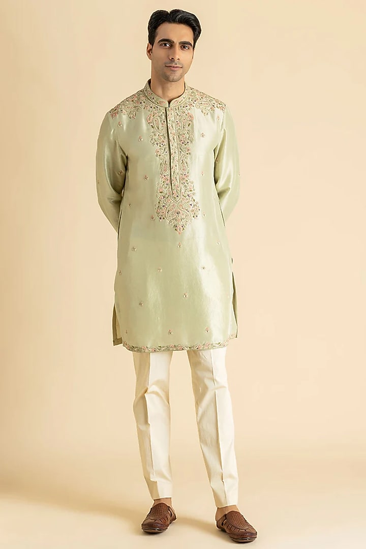 Light Green Raw Silk Kurta Set by Dolly J MAN at Pernia's Pop Up Shop
