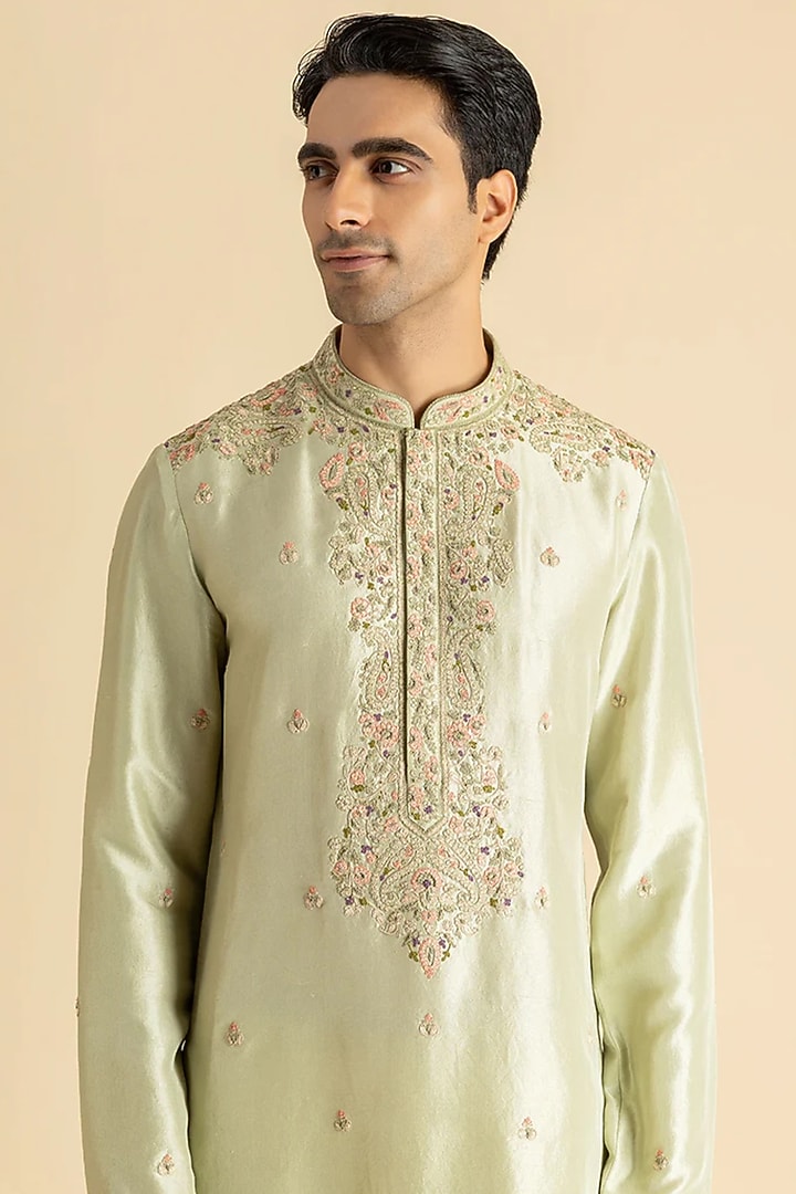 Light Green Raw Silk Kurta Set by Dolly J MAN at Pernia's Pop Up Shop