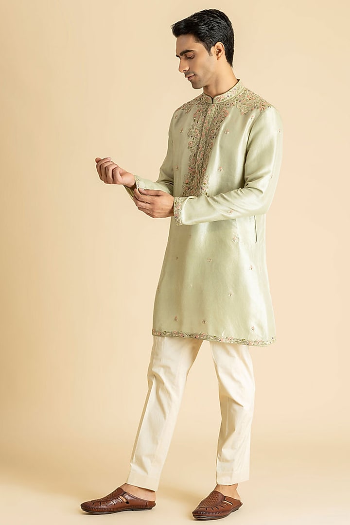 Light Green Raw Silk Kurta Set by Dolly J MAN at Pernia's Pop Up Shop