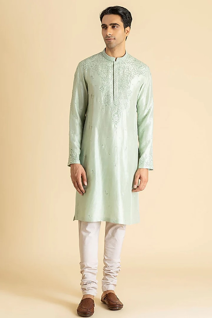 Ice Blue Raw Silk Kurta Set by Dolly J MAN at Pernia's Pop Up Shop