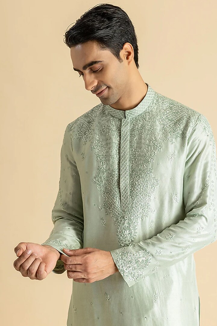 Ice Blue Raw Silk Kurta Set by Dolly J MAN at Pernia's Pop Up Shop