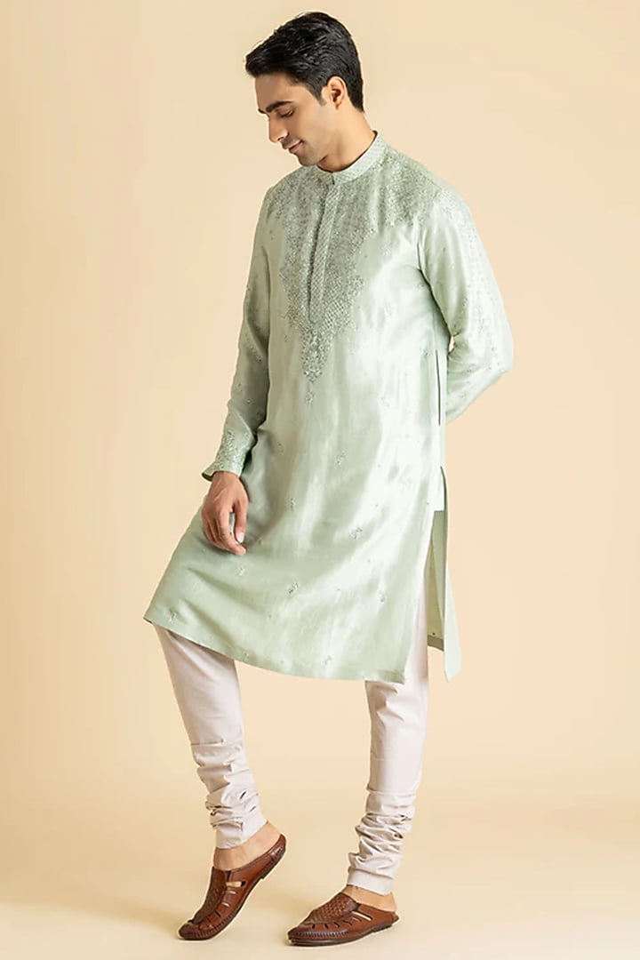 Ice Blue Raw Silk Kurta Set by Dolly J MAN at Pernia's Pop Up Shop