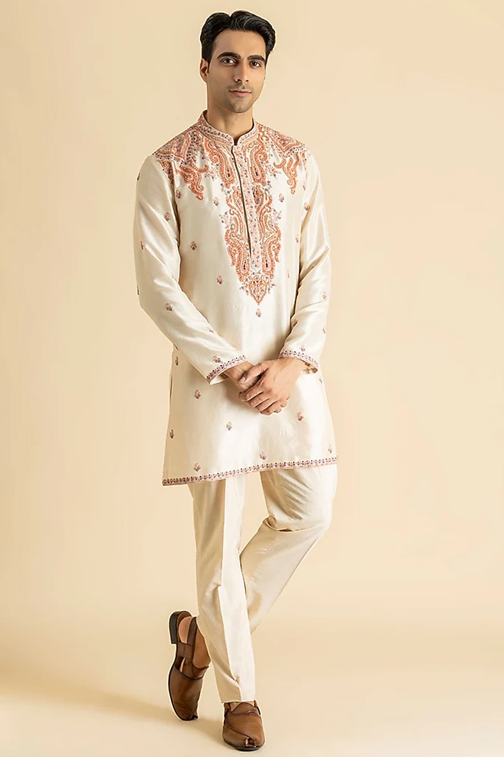 Cream Raw Silk Kurta Set by Dolly J MAN at Pernia's Pop Up Shop