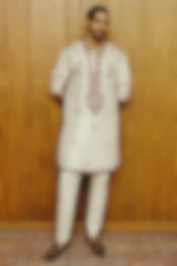 Ivory Silk Embroidered Kurta Set by Dolly J MAN at Pernia's Pop Up Shop