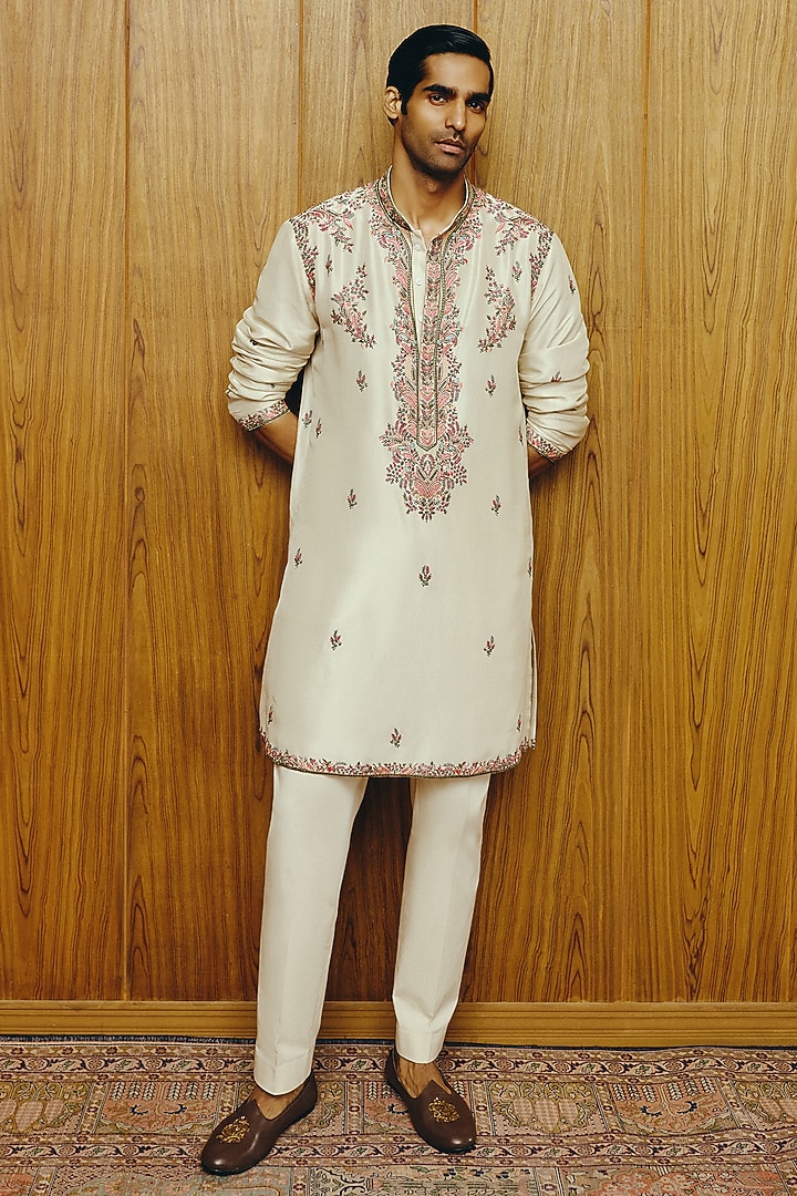 Ivory Silk Embroidered Kurta Set by Dolly J MAN at Pernia's Pop Up Shop