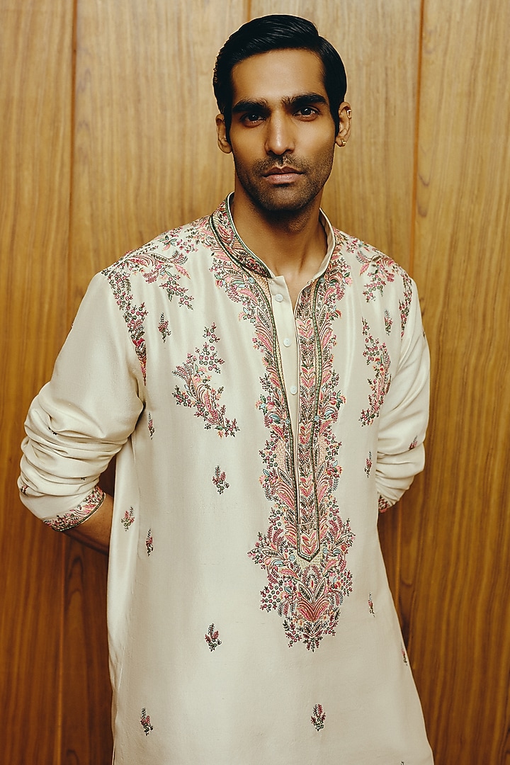 Ivory Silk Embroidered Kurta Set by Dolly J MAN at Pernia's Pop Up Shop