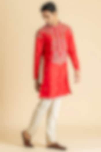 Red Raw Silk Kurta Set by Dolly J MAN at Pernia's Pop Up Shop