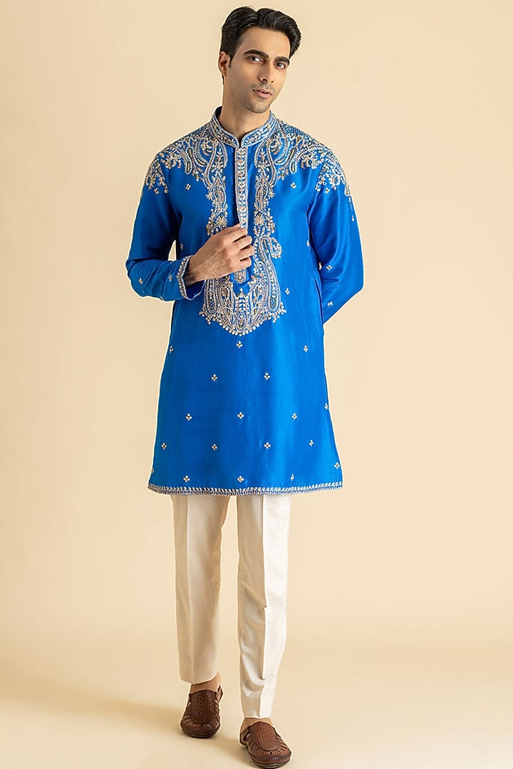Royal Blue Raw Silk Kurta Set by Dolly J MAN at Pernia's Pop Up Shop
