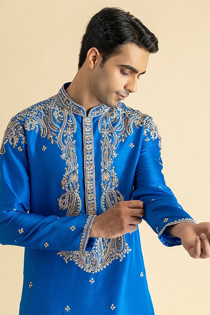 Royal Blue Raw Silk Kurta Set by Dolly J MAN at Pernia's Pop Up Shop