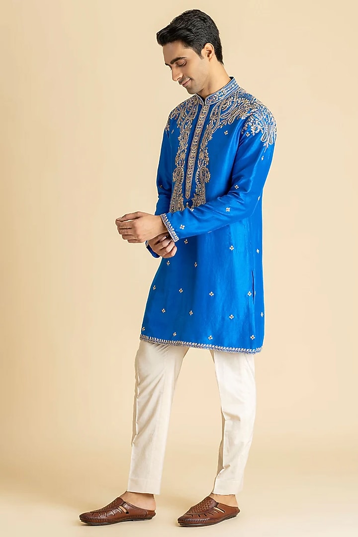 Royal Blue Raw Silk Kurta Set by Dolly J MAN at Pernia's Pop Up Shop
