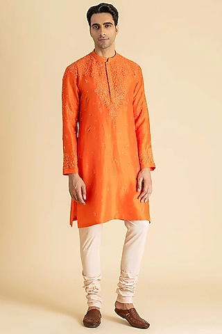 Orange Raw Silk Kurta Set by Dolly J MAN