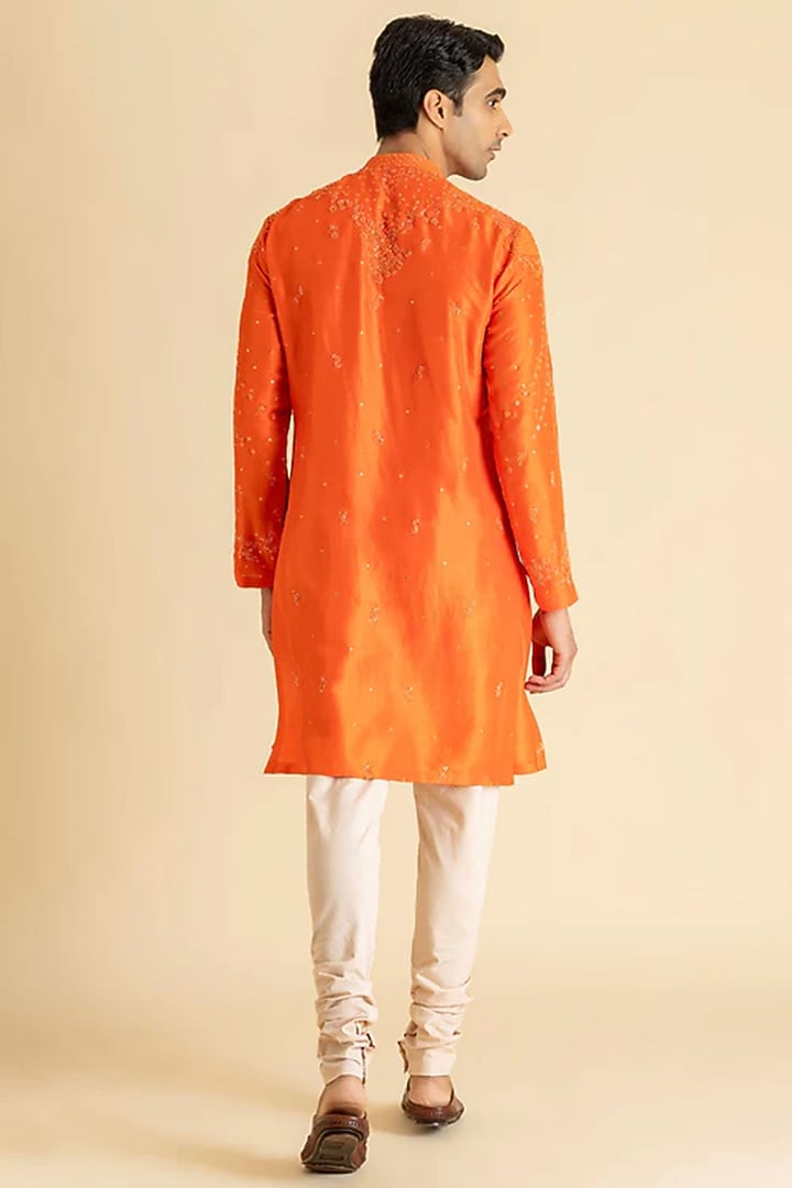 Orange Raw Silk Kurta Set by Dolly J MAN at Pernia's Pop Up Shop