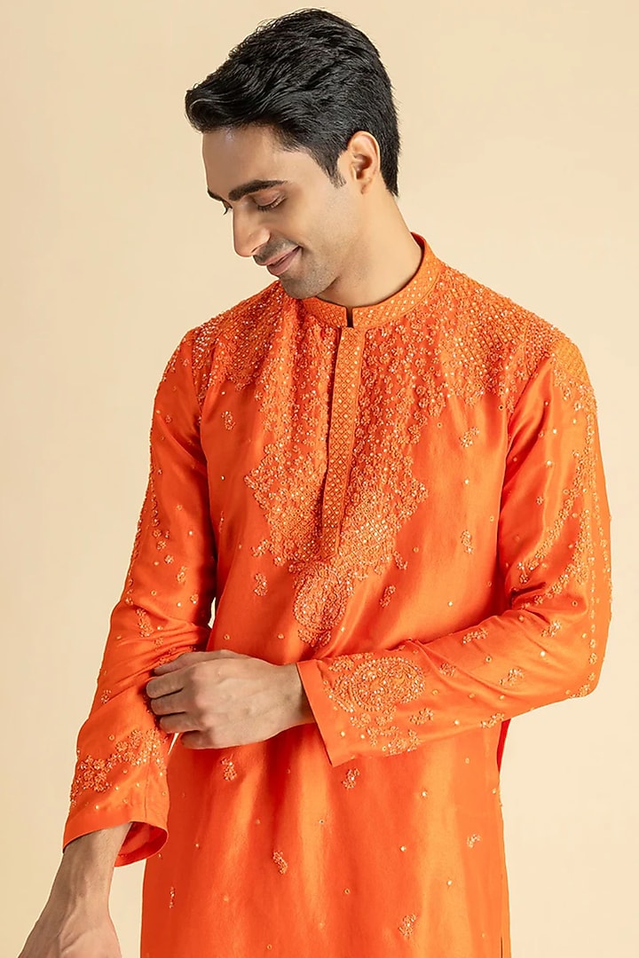 Orange Raw Silk Kurta Set by Dolly J MAN at Pernia's Pop Up Shop