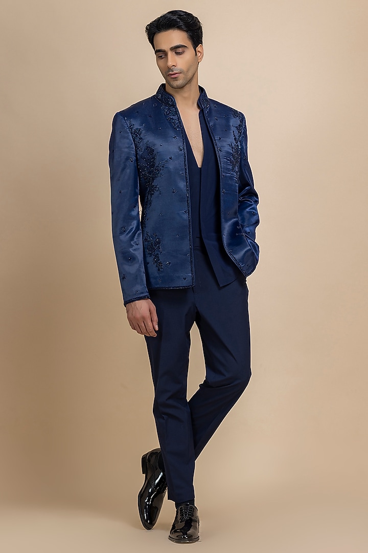 Midnight Blue Imported Satin Hand Embroidered Jacket Set by Dolly J MAN at Pernia's Pop Up Shop