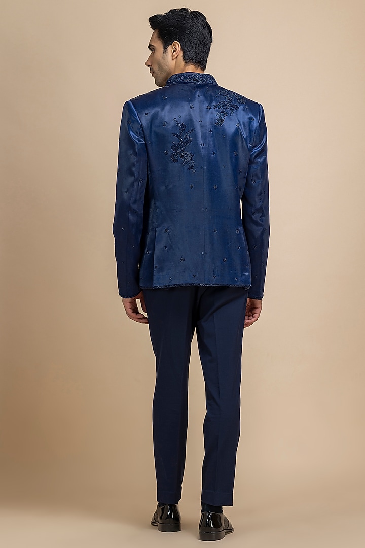 Midnight Blue Imported Satin Hand Embroidered Jacket Set by Dolly J MAN at Pernia's Pop Up Shop