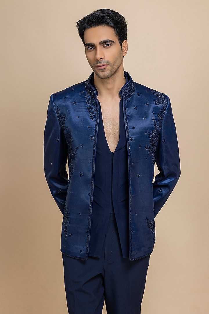 Midnight Blue Imported Satin Hand Embroidered Jacket Set by Dolly J MAN at Pernia's Pop Up Shop