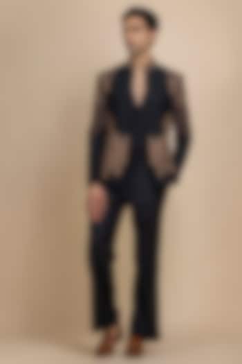 Black Raw Silk Hand Embroidered Open Jacket Set by Dolly J MAN at Pernia's Pop Up Shop