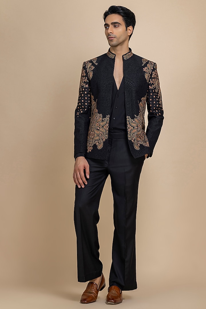 Black Raw Silk Hand Embroidered Open Jacket Set by Dolly J MAN at Pernia's Pop Up Shop
