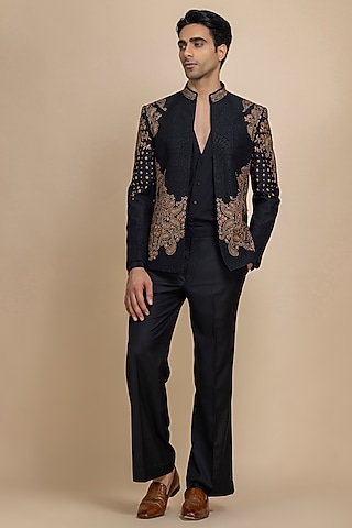 Black Raw Silk Hand Embroidered Open Jacket Set by Dolly J MAN