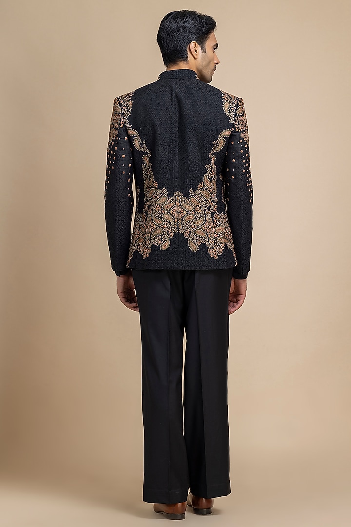 Black Raw Silk Hand Embroidered Open Jacket Set by Dolly J MAN at Pernia's Pop Up Shop