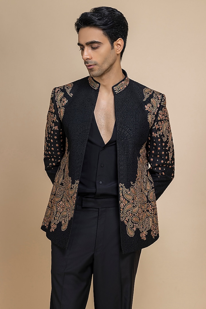 Black Raw Silk Hand Embroidered Open Jacket Set by Dolly J MAN at Pernia's Pop Up Shop