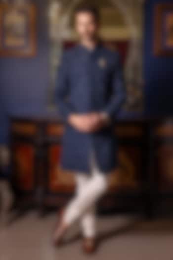 Navy Blue Raw Silk Hand Embroidered Achkan Set by Dolly J MAN at Pernia's Pop Up Shop