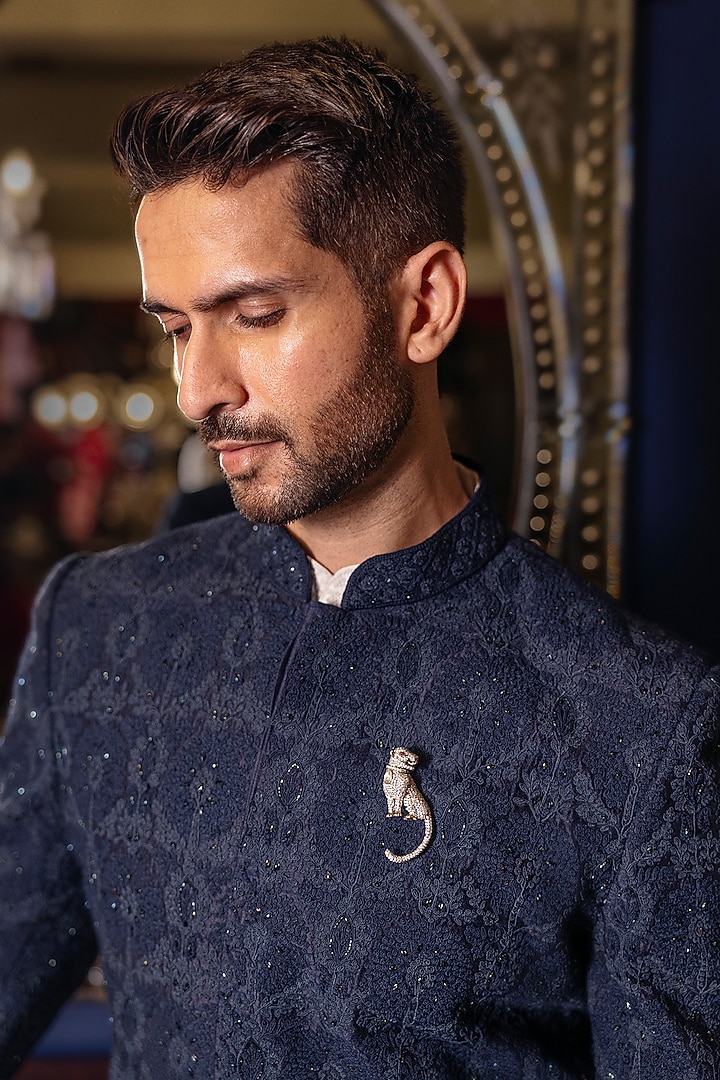 Navy Blue Raw Silk Hand Embroidered Achkan Set by Dolly J MAN at Pernia's Pop Up Shop