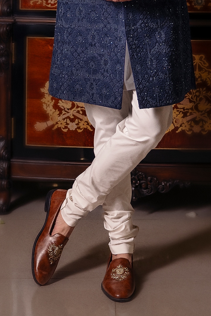 Navy Blue Raw Silk Hand Embroidered Achkan Set by Dolly J MAN at Pernia's Pop Up Shop