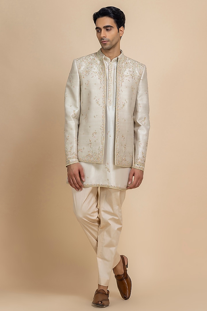 Ivory Raw Silk Hand Embroidered Open Jacket Set by Dolly J MAN at Pernia's Pop Up Shop