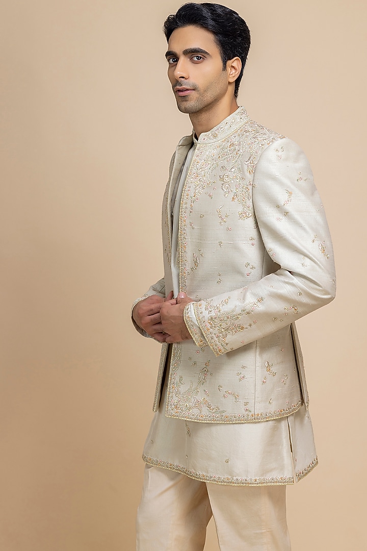 Ivory Raw Silk Hand Embroidered Open Jacket Set by Dolly J MAN at Pernia's Pop Up Shop