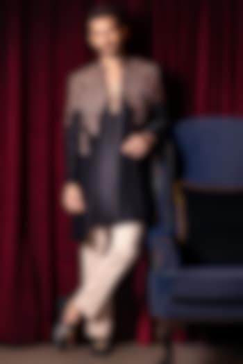 Black Raw Silk Hand Embroidered Groom Sherwani Set by Dolly J MAN at Pernia's Pop Up Shop