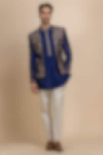 Royal Blue Raw Silk Hand Embroidered Open Jacket Set by Dolly J MAN at Pernia's Pop Up Shop