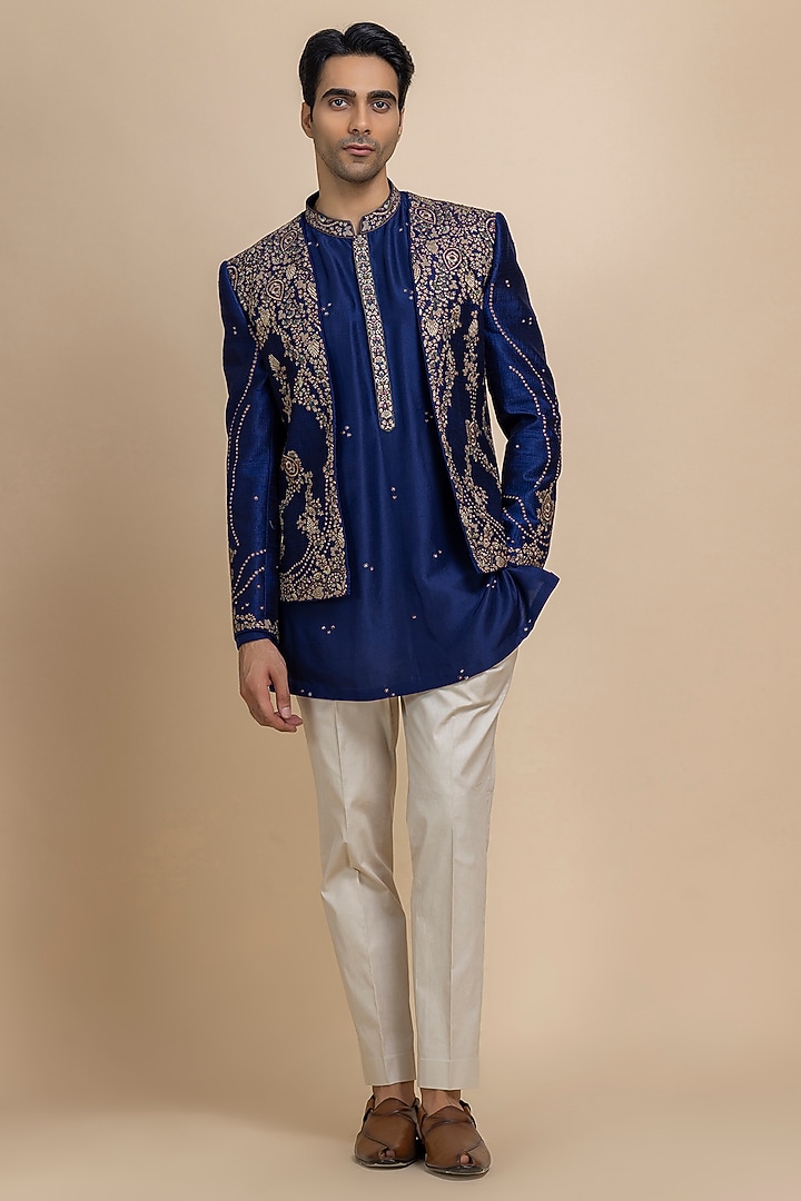 Royal Blue Raw Silk Hand Embroidered Open Jacket Set by Dolly J MAN at Pernia's Pop Up Shop
