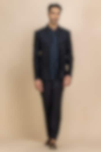 Indigo Blue Raw Silk Hand Embroidered Open Jacket Set by Dolly J MAN at Pernia's Pop Up Shop