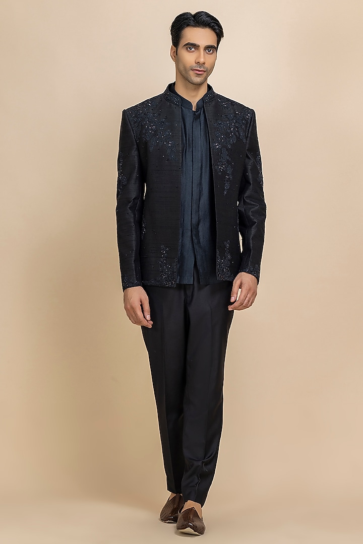 Indigo Blue Raw Silk Hand Embroidered Open Jacket Set by Dolly J MAN at Pernia's Pop Up Shop