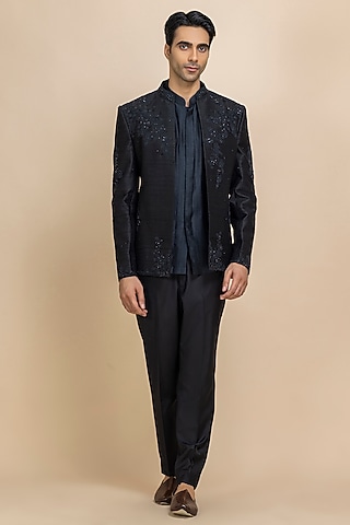 Indigo Blue Raw Silk Hand Embroidered Open Jacket Set by Dolly J MAN