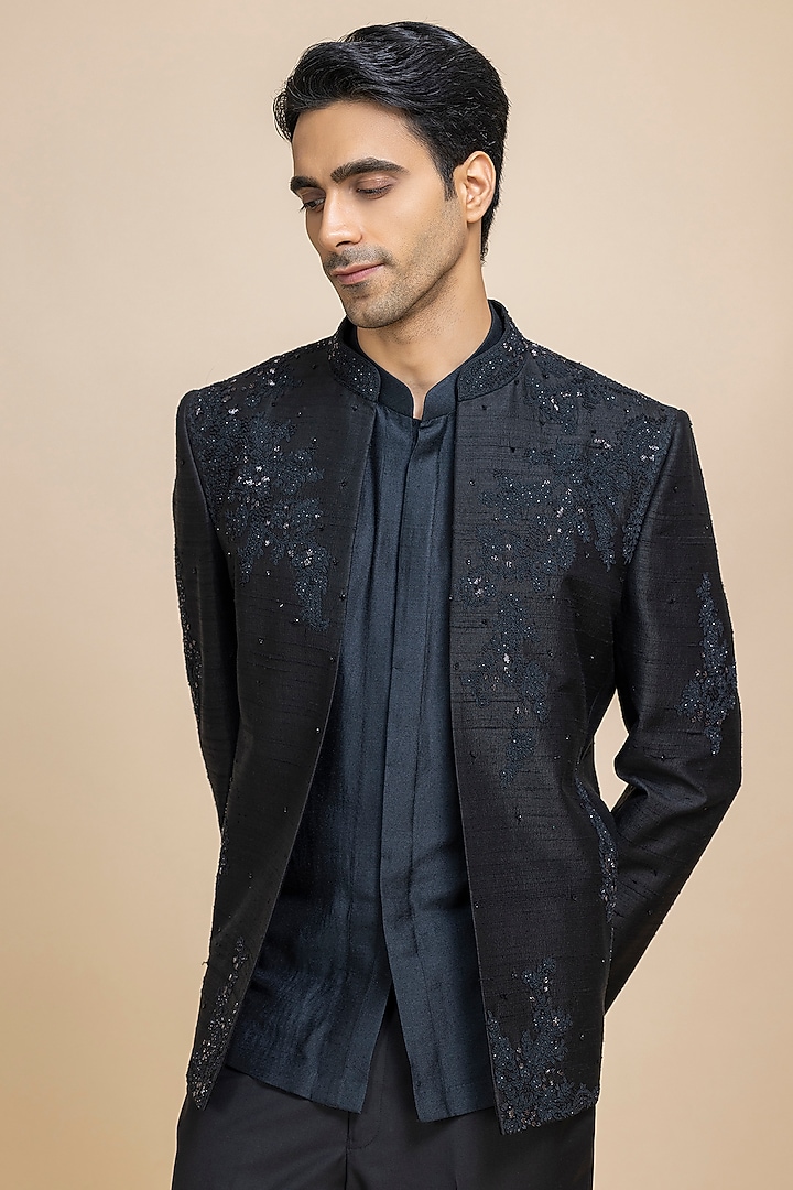 Indigo Blue Raw Silk Hand Embroidered Open Jacket Set by Dolly J MAN at Pernia's Pop Up Shop