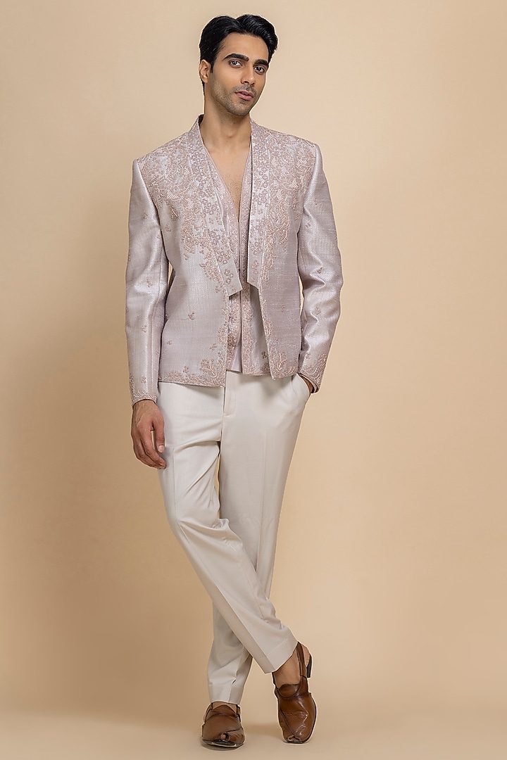 Rosy Brown Raw Silk Hand Embroidered Open Jacket Set by Dolly J MAN at Pernia's Pop Up Shop