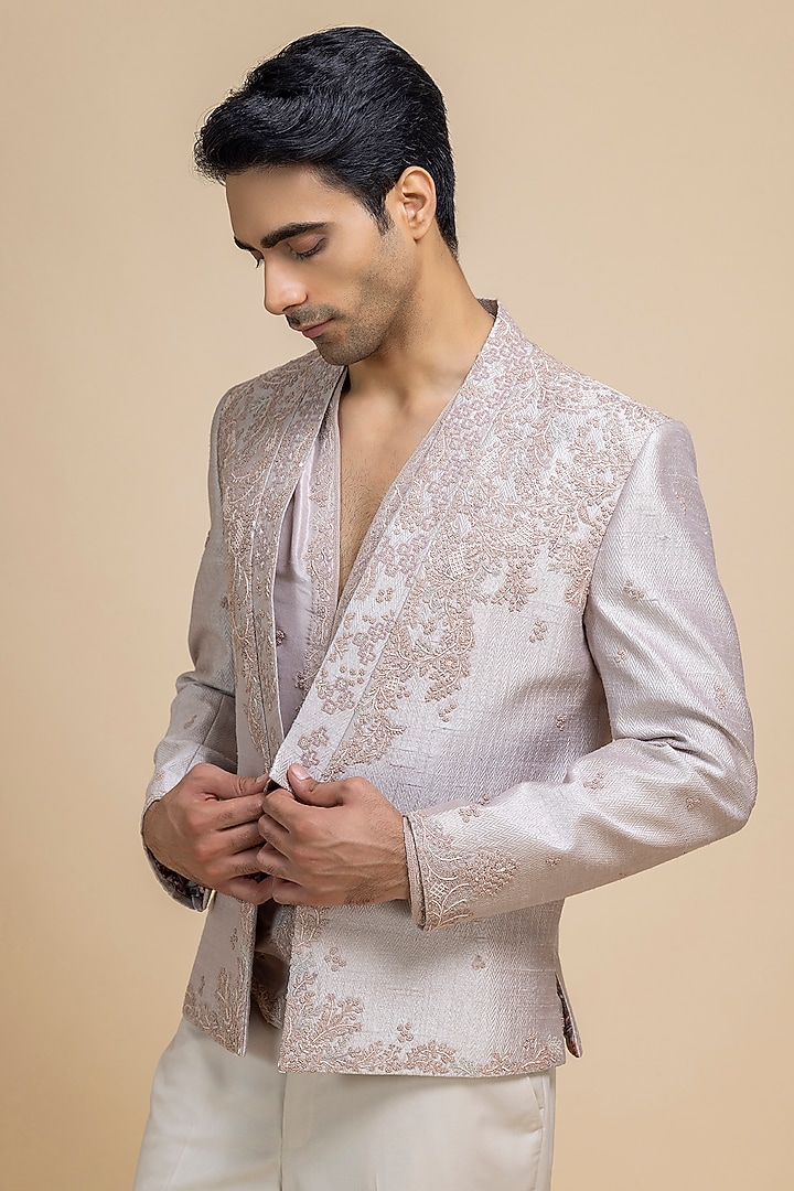 Rosy Brown Raw Silk Hand Embroidered Open Jacket Set by Dolly J MAN at Pernia's Pop Up Shop