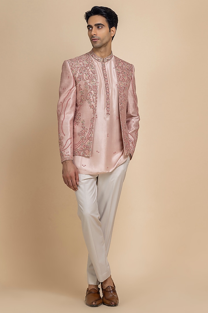 Rose Pink Raw Silk Hand Embroidered Open Jacket Set by Dolly J MAN at Pernia's Pop Up Shop