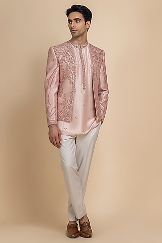 Rose Pink Raw Silk Hand Embroidered Open Jacket Set by Dolly J MAN
